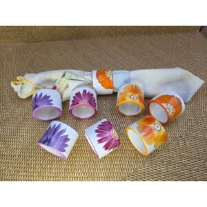 Floral Ceramic Napkin Rings set of 8 Spring Flowers‎ Orange Purple NOTE